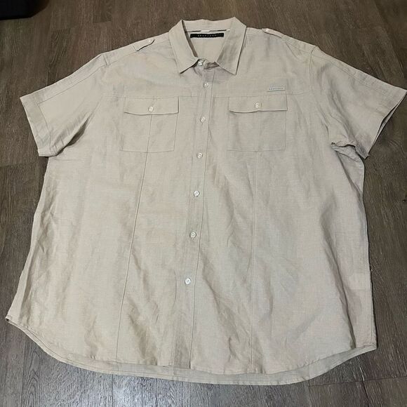 Sean John Mens Beige Linen Blend Short Sleeve Shoulder Strap Accents Pockets 4XL - Picture 1 of 8
